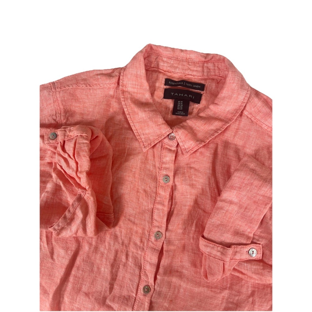 Tahari‎ Essentials Pink/Red Linen L/S Button Up Lightweight Shirt Tunic 1X